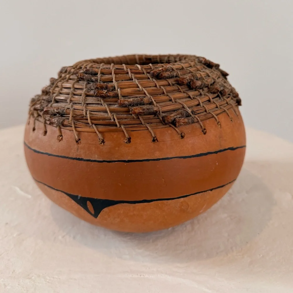 VINTAGE 1988‎ HAND-DECORATED SOUTHWESTERN GOURD BASKET WOVEN RIM ANAMORPHIC BIRD